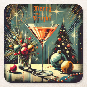 Porta-copo De Papel Quadrado Retro anos 50 Merry & Bright Christmas Martini