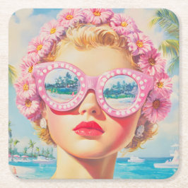 Porta-copo De Papel Quadrado Retro Beach Girl com óculos de sol florais