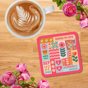 Porta-copo De Papel Quadrado Retro Boho Floral Negrito e Bright Casamento Color