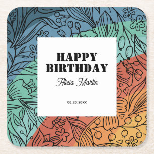 Porta-copo De Papel Quadrado Retro Colorido Divertido Groovy Rainbow Floral Ani