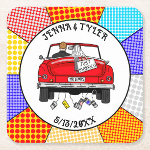 Porta-copo De Papel Quadrado Retro Pop Art Sr. & Sra.   Acabou de casar