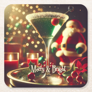 Porta-copo De Papel Quadrado Retro Santa de Natal dos anos 50 Martini Verde
