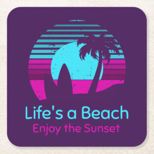 Porta-copo De Papel Quadrado Retro Sunset Surfboard Palm Tree Life's a Beach