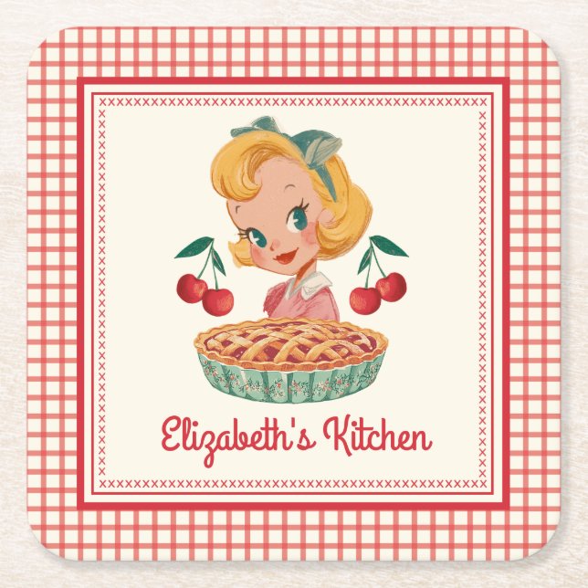 Porta-copo De Papel Quadrado Retro Vintage Gingham Red Cherry  (Frente)