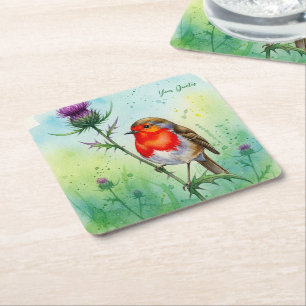 Porta-copo De Papel Quadrado Robin Bird e Flor de Cardo Aquarela Botânica