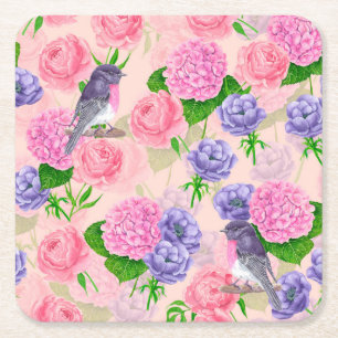Porta-copo De Papel Quadrado Robin e flores, padrão de aquarela
