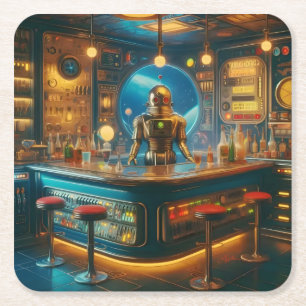 Porta-copo De Papel Quadrado Robô Barman em Bar de Dive da Era Espacial Interes