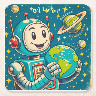 Porta-copo De Papel Quadrado Robô Vintage no Espaço Ciência Curiosidade Descobe
