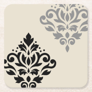 Porta-copo De Papel Quadrado Rolar Damask Art I Black Cinza Creme