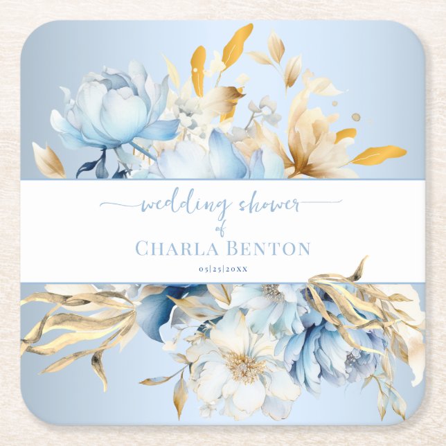 Porta-copo De Papel Quadrado Romance Blue Floral Gold Wedding Shower (Frente)
