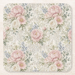 Porta-copo De Papel Quadrado Romance Vitoriana: Peônias Coradas Renda Delicada