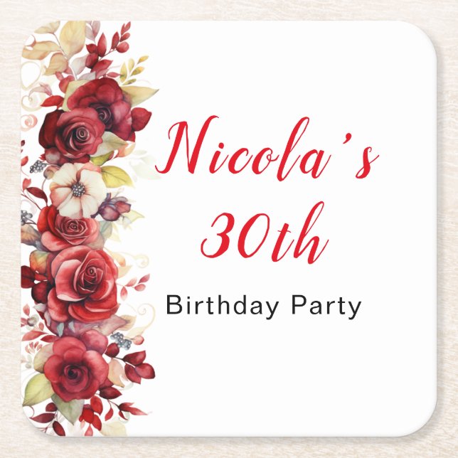 Porta-copo De Papel Quadrado Romantic Red Roses Floral Birthday Party (Frente)
