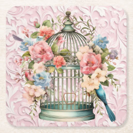 Porta-copo De Papel Quadrado Romântica Cage de Pássaros Floral Aquarela Vintage