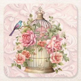 Porta-copo De Papel Quadrado Romântica Caixa de Pássaros Floral Aquarela Vintag