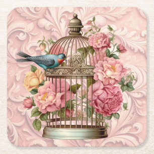 Porta-copo De Papel Quadrado Romântica Vintage Watercolor Birdcage Floral