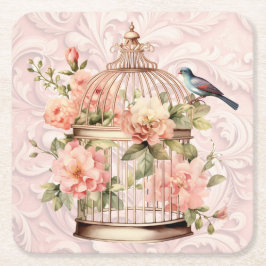 Porta-copo De Papel Quadrado Romântico Cage de Pássaros Floral Aquarela Vintage
