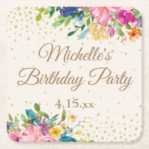 Porta-copo De Papel Quadrado Rosa Amarelo Azul Floral Dourado Brilho Nome Data