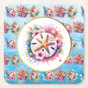Porta-copo De Papel Quadrado Rosa, Azul e Dourado Dólar de Areia Costeiro Praia