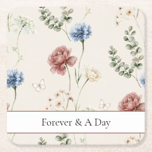 Porta-copo De Papel Quadrado Rosa Borgonha Flores Azuis Brancas Borboleta Casam