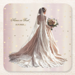 Porta-copo De Papel Quadrado Rosa Casamento no inverno Noiva Ouro Shiny Heart P