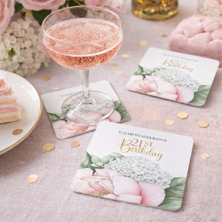 Porta-copo De Papel Quadrado Rosa Corado Peônia Floral 21º Aniversário
