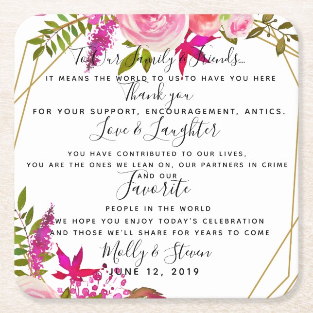 Porta-copo De Papel Quadrado rosa de cristal/casamento (Frente)