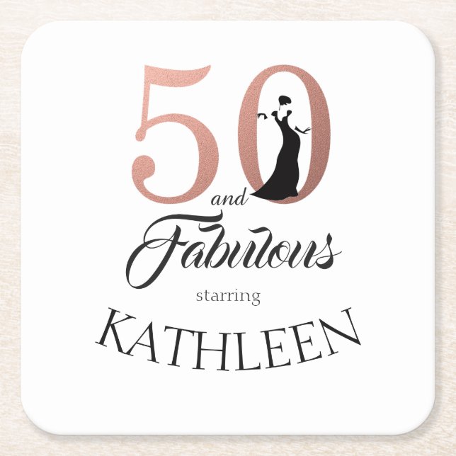 Porta-copo De Papel Quadrado Rosa Dourado 50 e Festa de aniversário fabulosa -  (Frente)