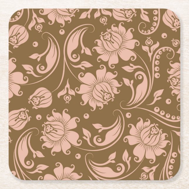 Porta-copo De Papel Quadrado Rosa e teste padrão floral de Brown (Frente)