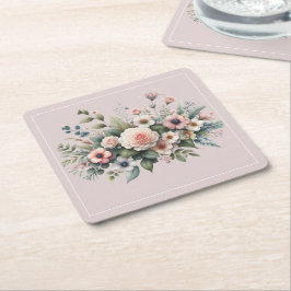 Porta-copo De Papel Quadrado Rosa Empoeirada Floral Botânica Aquarela Casamento