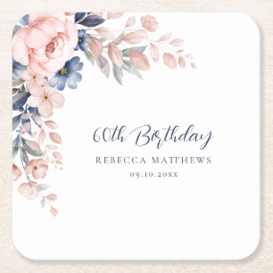 Porta-copo De Papel Quadrado Rosa Floral Elegante Roteiro 60º Aniversário Qualq