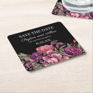 Porta-copo De Papel Quadrado Rosa Floral Preto Casamento Salve a Data