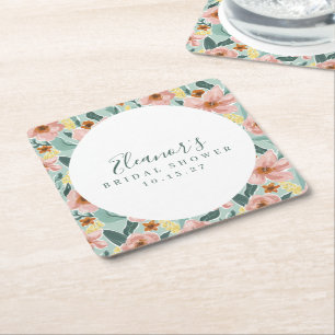 Porta-copo De Papel Quadrado Rosa Floral Script Noiva Personalizado Chá de Bebê