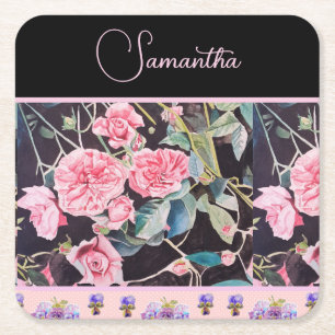 Porta-copo De Papel Quadrado Rosa Rosa Roxa Aquarela Vintage Personalizável