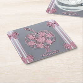Porta-copo De Papel Quadrado Rosa Shabby Chic com Renda Maçã Floral Cinza Vinta