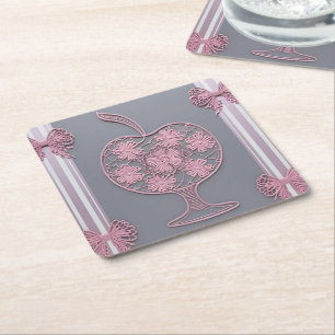 Porta-copo De Papel Quadrado Rosa Shabby Chic com Renda Maçã Floral Cinza Vinta