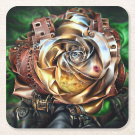 Porta-copo De Papel Quadrado Rosa Steampunk com Face Surreal - Flor Mecânico