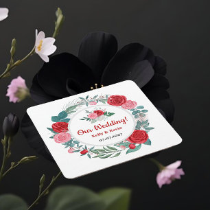 Porta-copo De Papel Quadrado Rosa vermelha Casamento de Aquarela