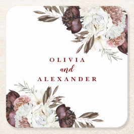 Porta-copo De Papel Quadrado Rosas Boho Borgonha outono floral casamento Guarda