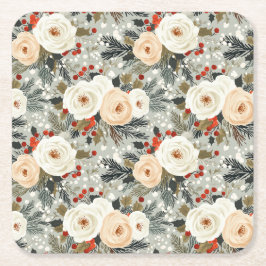 Porta-copo De Papel Quadrado Rosas Brancas de Natal Elegantes e Berry Vermelho