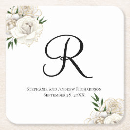 Porta-copo De Papel Quadrado Rosas Brancas Monograma Floral Elegante Casamento