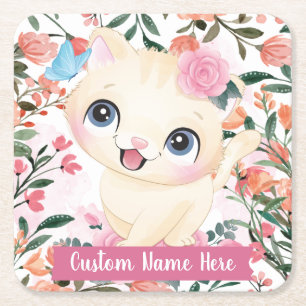 Porta-copo De Papel Quadrado Rosas Cor-de-Gato-Rosa Escamoteadas Flores Escamot