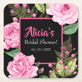 Porta-copo De Papel Quadrado Rosas Cor-de-Rosa em Chuveiro de Noiva Preto