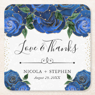 Porta-copo De Papel Quadrado Rosas de casamento em aquarela azul e dourado Glam