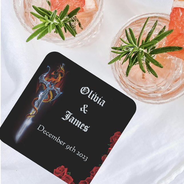 Porta-copo De Papel Quadrado Rosas de espadas do Dragão Vermelho (Criador carregado)