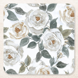 Porta-copo De Papel Quadrado Rosas de Jardim | Floral Vintage em Aquarela Branc