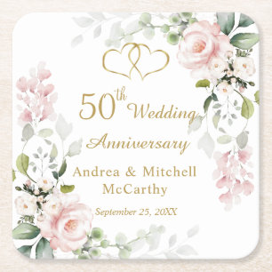 Porta-copo De Papel Quadrado Rosas Foliage Hearts 50º Aniversário de Casamento