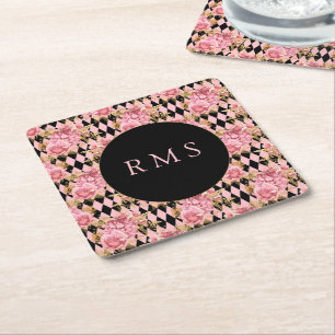 Porta-copo De Papel Quadrado Rosas rosa no Monograma de Harlequin