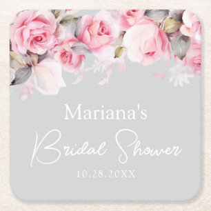 Porta-copo De Papel Quadrado Rosas Rosas Florais Cinza