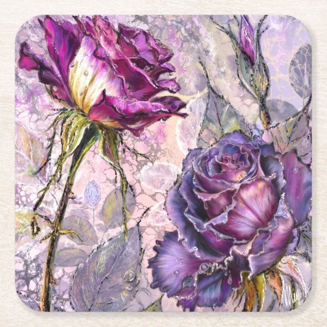 Porta-copo De Papel Quadrado Rosas Roxas Paper Coasters (Frente)