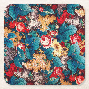 Porta-copo De Papel Quadrado Rosas vermelhas de vindima e padrão floral lilás